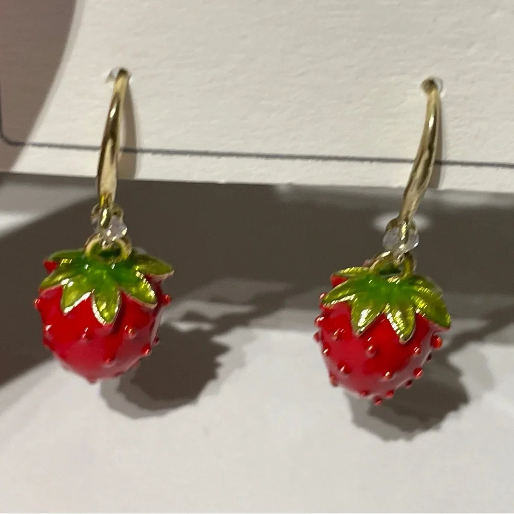 Strawberry 🍓 drop earrings gold cz crystal rhinestone red cute jewelry new gift